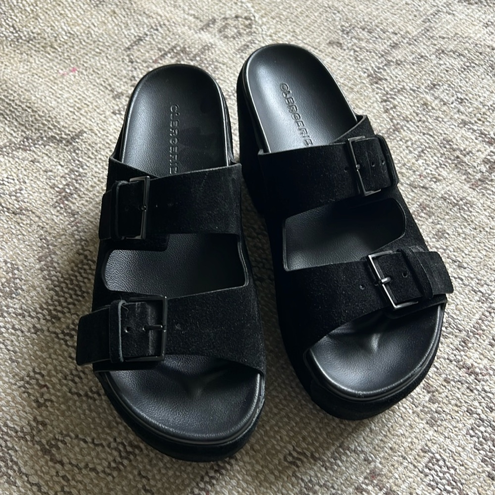 Robert Clergerie Black Suede Double-Buckle Slide Sandals